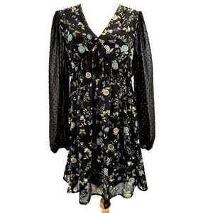 Umgee Mini Dress Womens L Floral Chiffon Swiss Dot Dark Romantic Fall Feminine